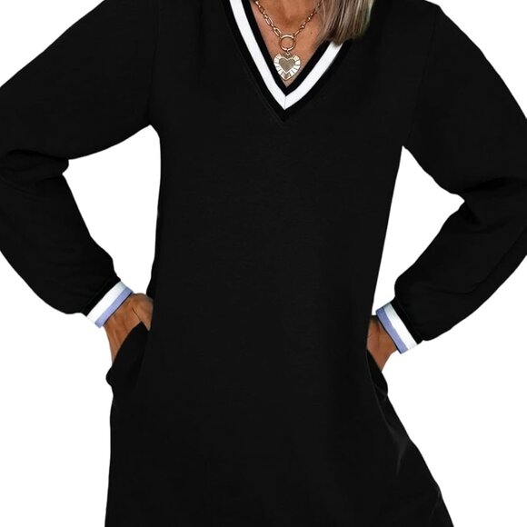 Dresses & Skirts - Women's Fall V Neck Long Sleeve Casual T Shirt Dress with Pockets